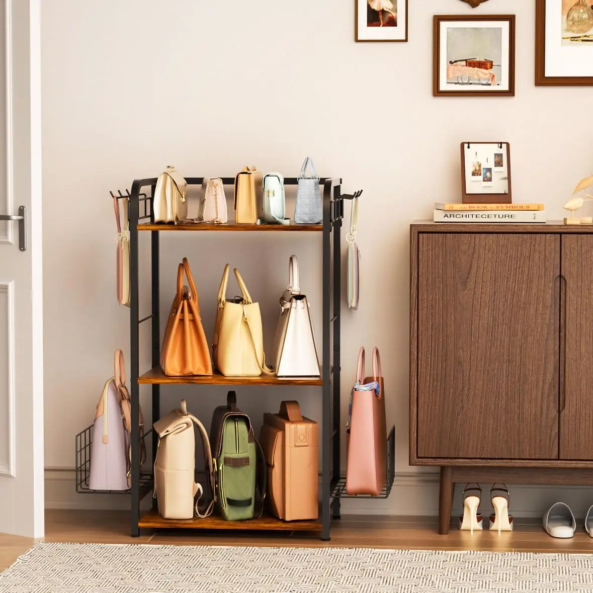 New arrival Wood 3-Tier Floor-Standing Purse Holder with Side Hooks and Baskets Purse Organizer