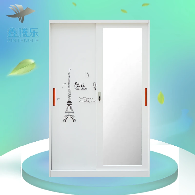 Flower Print Storage Cabinet Stainless Steel 2-Door Wardrobe Lemari Besi Sliding Metal Door Wardrobe