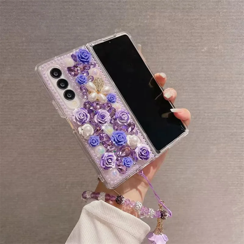 Luxury Flower Pearl Diamond Phone Cover For Samsung Galaxy Z Fold 5 4 3 Bling Rhinestone Cover For Z Flip 5 4 3 With Chain