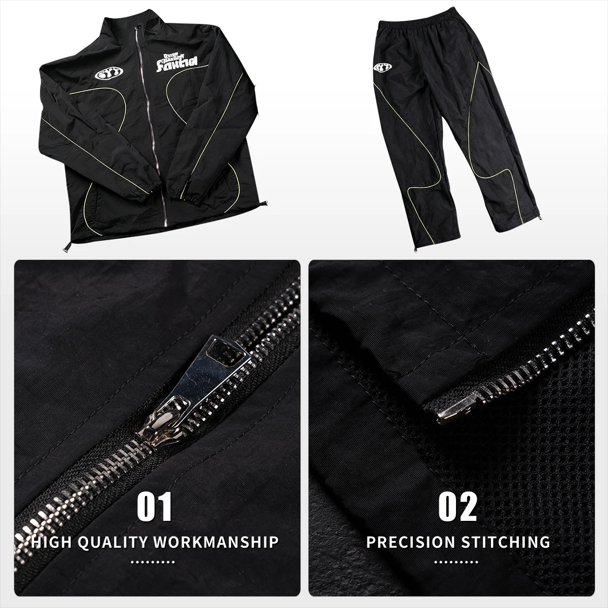 product mens sweatpants and hoodie set zip up custom design oversized streetwear elasticwaist reflective strip jacket tracksuit-4