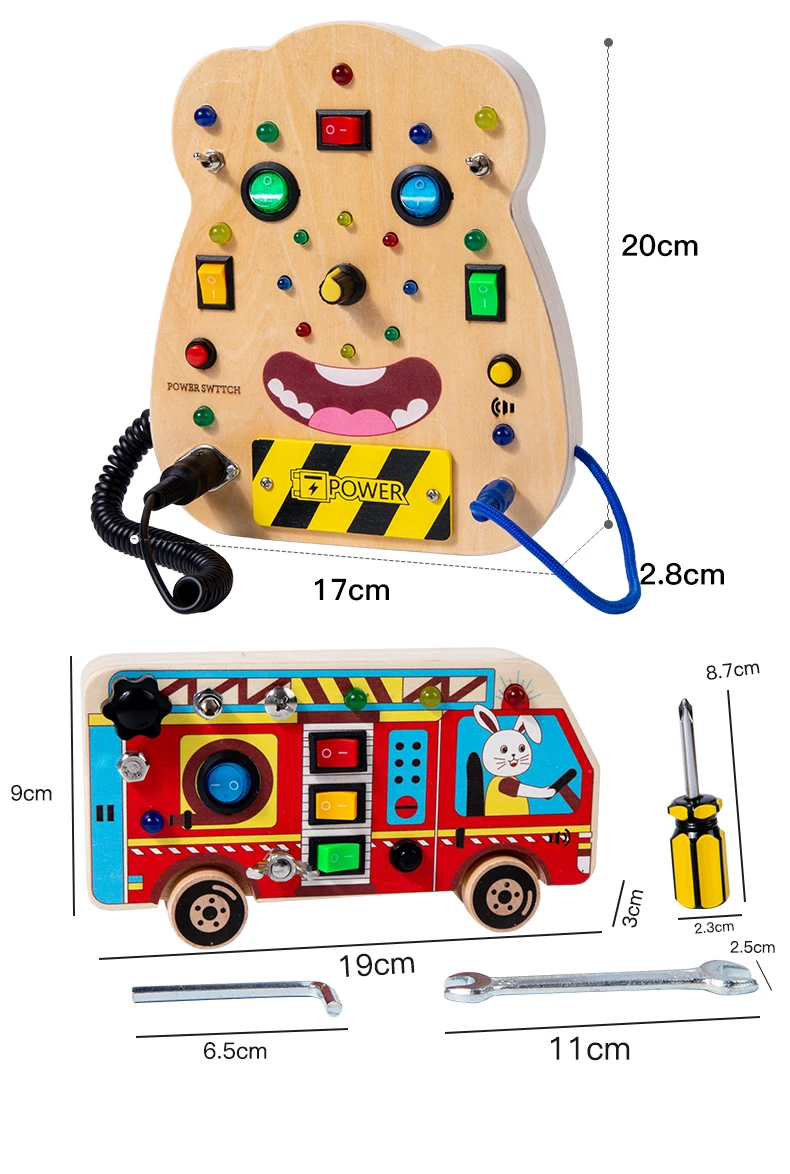 Kinder-Lernspielzeug, elektronisches LED-Licht, Baby-Holz-Sensorik-Beschäftigungsbrett, Zubehör, Montessori-Spielzeug für Kleinkinder, Fabrik