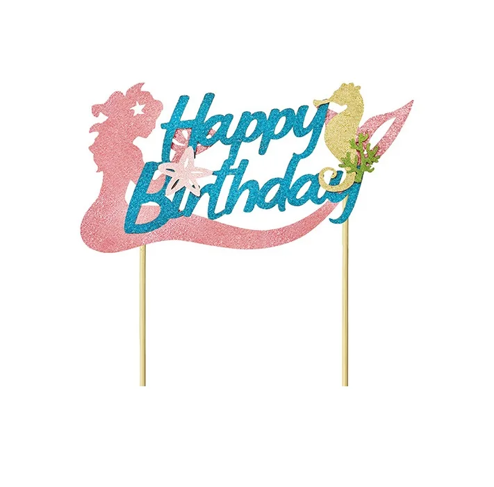 Seahorse Starfish Mermaid Happy Birthday Cake Insert Card Mermaid Theme Birthday Party Decoration Supplies