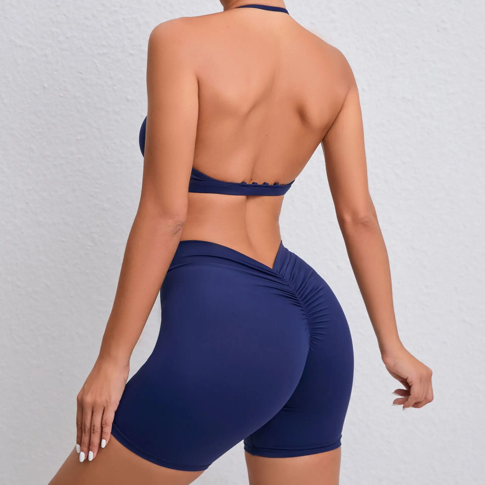 Wholesale Custom Logo Back V Cut High Waist Leggings Yoga Shorts Women Fitness Sports Bra Gym Scrunch Butt Biker Shorts Sets