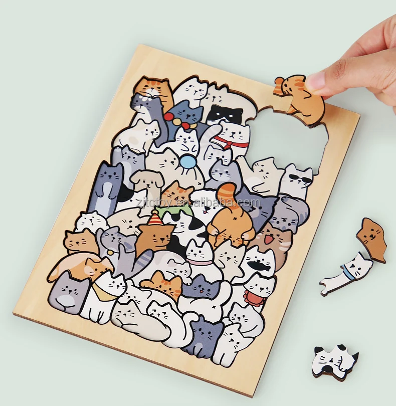 Kustom 3 In 1 Hewan Puzzle Kayu Mainan Jigsaw Panda Kucing Anjing Puzzle Pendidikan untuk Anak Laki-laki Perempuan Hadiah Dekorasi Natal Detail