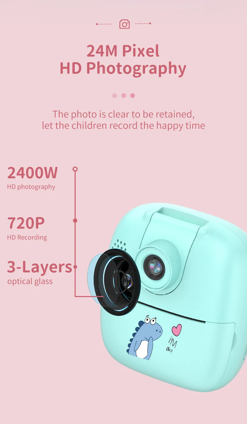 Instant Print Camera for Kids Christmas Birthday Gift Girls Boys HD Digital Video Portable Toy Age 3 4 5 6 7 8 9 10 with SD Card