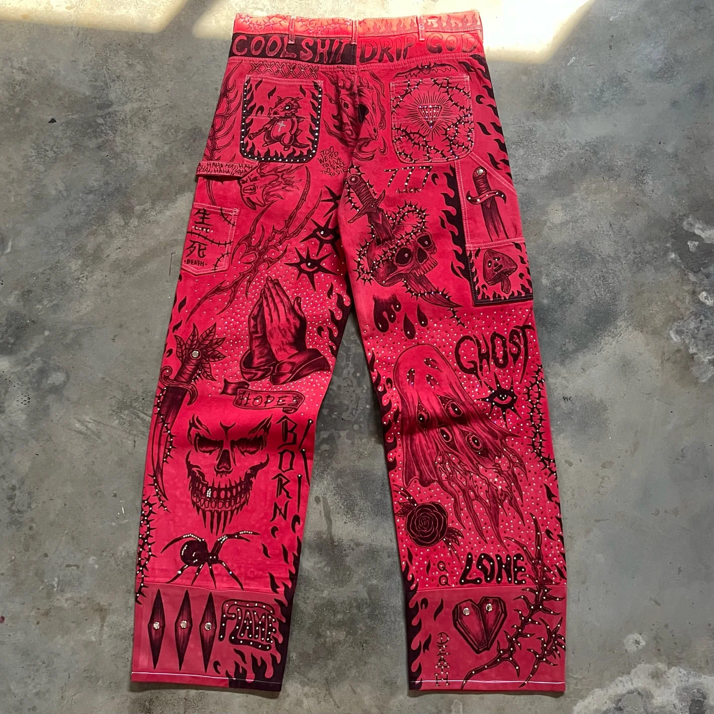 product custom all over screen print denim cargo pants with hot fix rhinestones rivets men pure cotton wide leg american street-3
