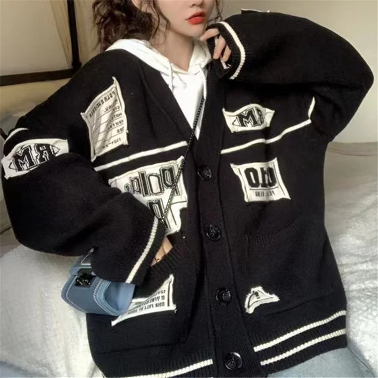 Knitted Cardigans Sweater Women Patch Sweater Single-breasted Casual Streetwear Jumpers