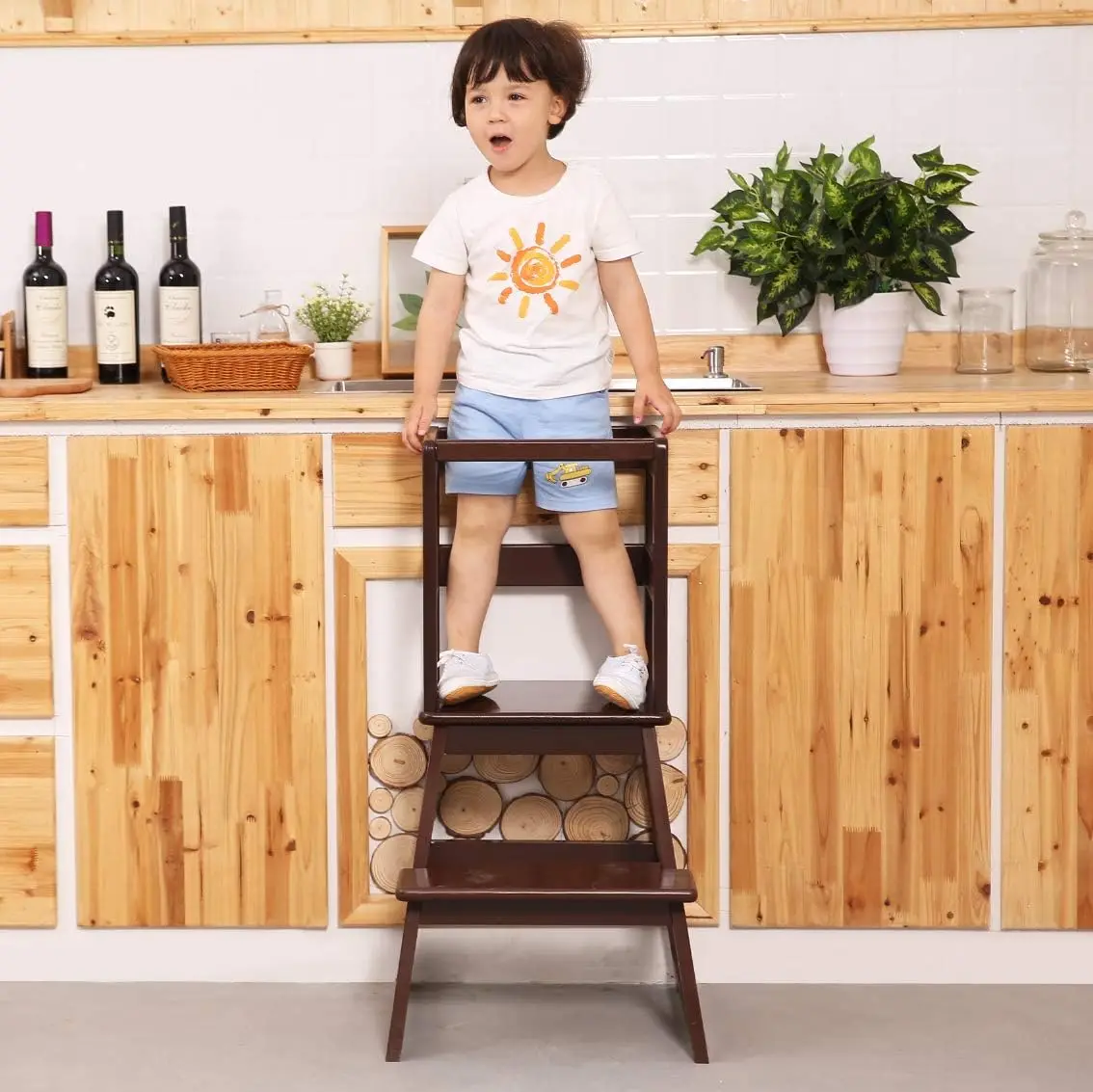 product modern bamboo wood toddler step stool adjustable height ottoman for kitchen use for kids at home-3