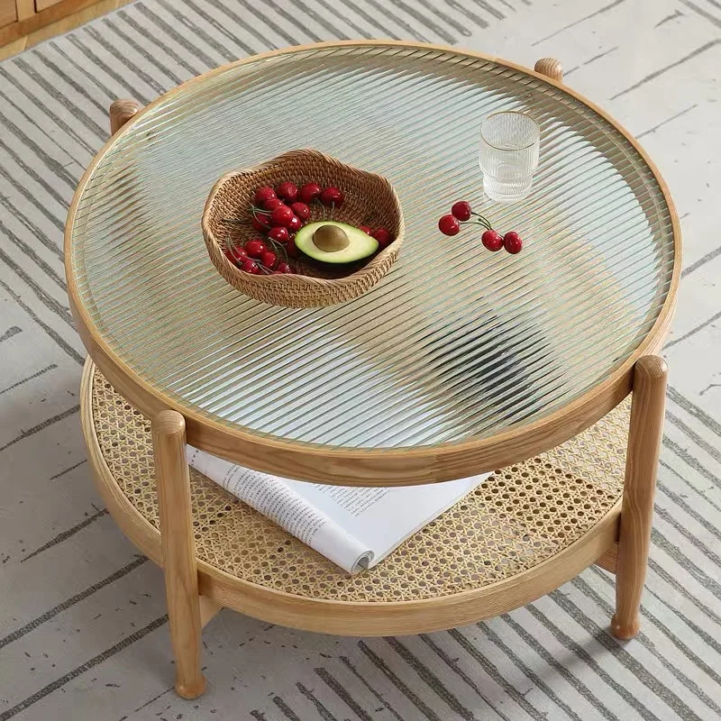 Rattan Round Water-Wave Center Table with Storage , with Wicker Tempered Glass for Living Room, Balcony and Garden