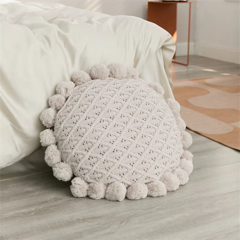 product ans high quality boho pompom tufted cushion cover knitted throw pillow case for sofa bed decoration-58