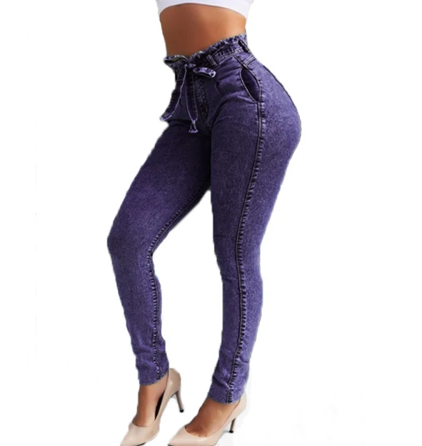 Women's High Waist Slim Stretch Denim Jeans Streetwear Bodycon Tassel Belt Bandage Skinny Push-up Style Button Hole Decoration factory