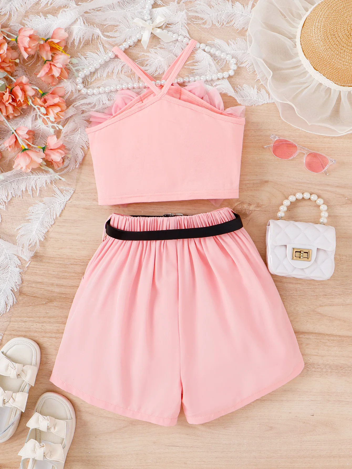Wholesale summer girls clothes sleeveless shirt tops+shorts with belt boutique two piece children kids clothing sets