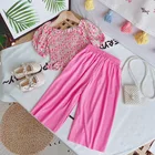 Summer Girls 2 Pcs Set Baby Blouse + Pants Kids Suits Children Clothes Floral Pletaed Elastic Ruched Puff Sleeve
