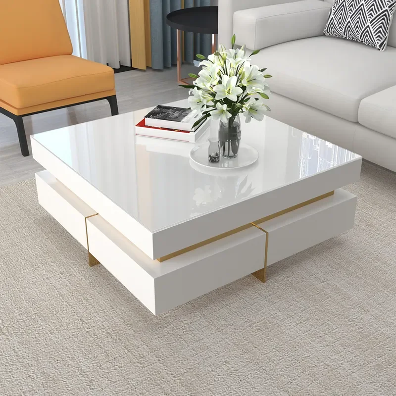 White modern square coffee table with drawers tempered glass top and metal legs with storage space