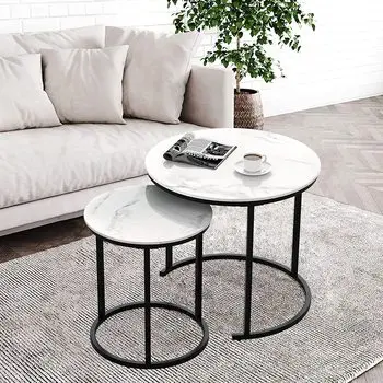 Black Round New Design Unique Side Wire Tea Nest Long Iron Nesting Stone Sofa Side Nesting Coffee Table