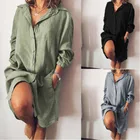 Fashion Cb01 Loose Fashion Double Pocket Long Sleeve Solid Women's Long Button Shirt Dresses Blouse Tops