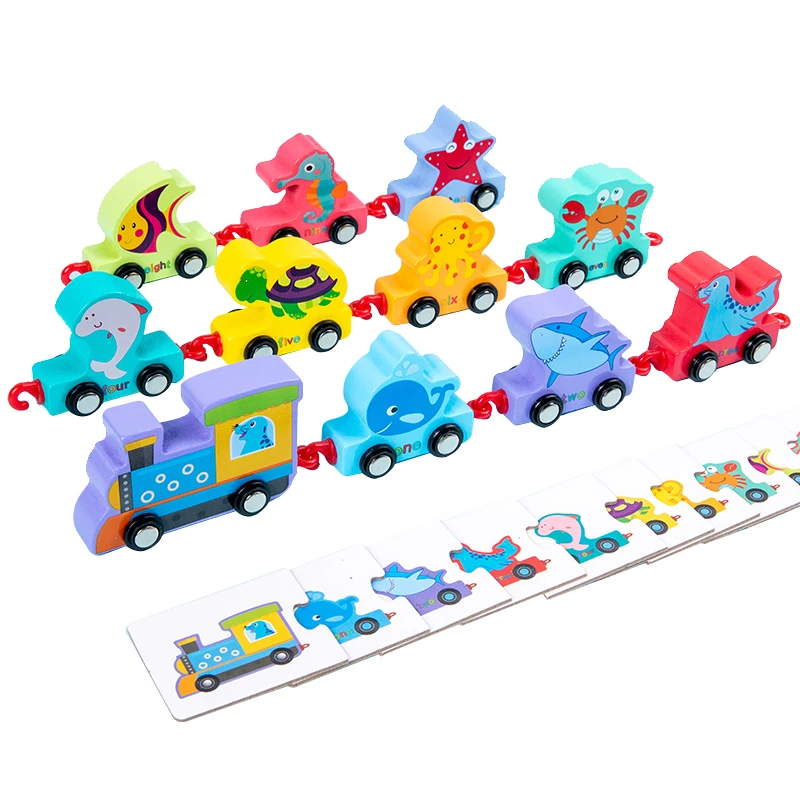 Cartoon animals baby wooden toys educational montessori 2022 train set