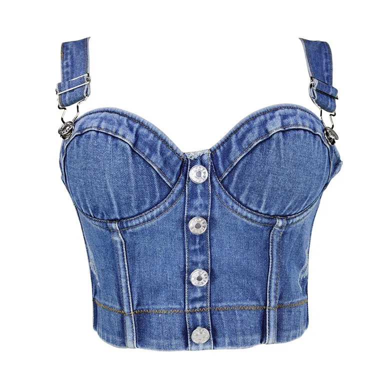 Atasan Crop Top Denim Katun Wanita 