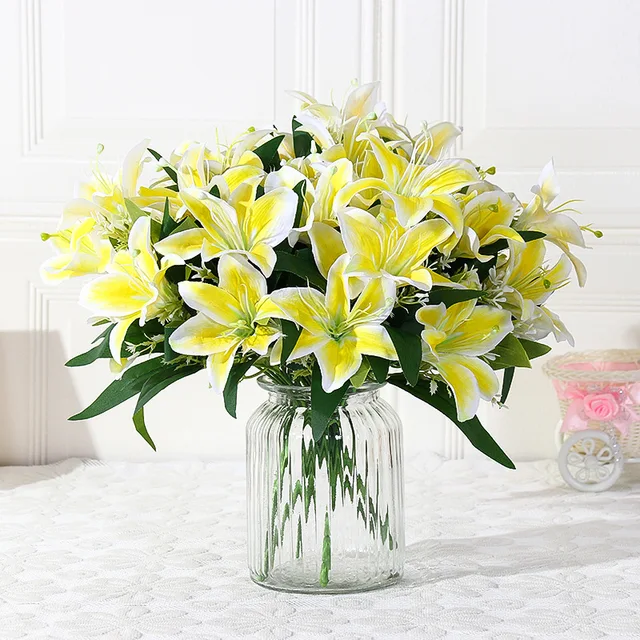 7-Head Artificial Silk Lily Flower Bouquet for Living Room Table Floral Art False Flower Vase and Interior Decoration