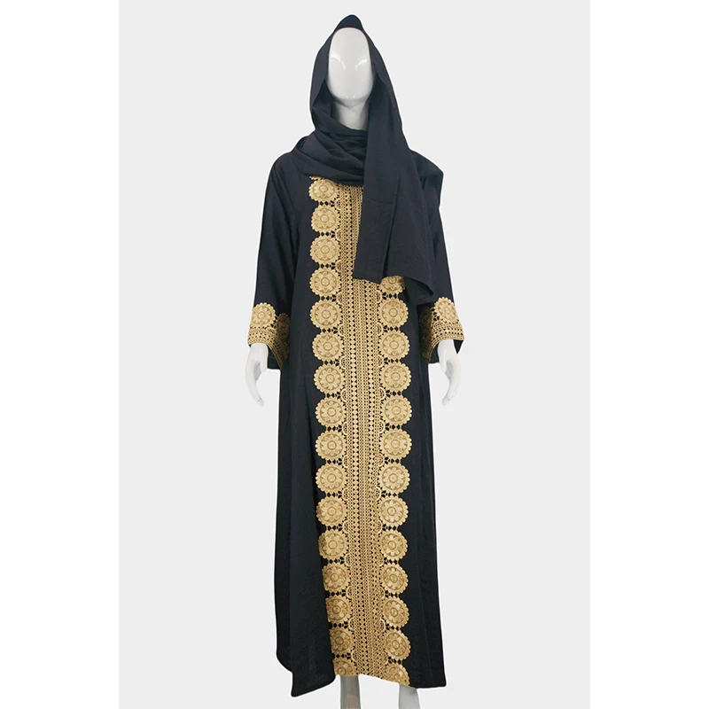 Hot-Selling Women's Black Embroidered Lace Abaya Dress Elegant Retro Vintage Design for Summer Vacation Breathable Feature supplier