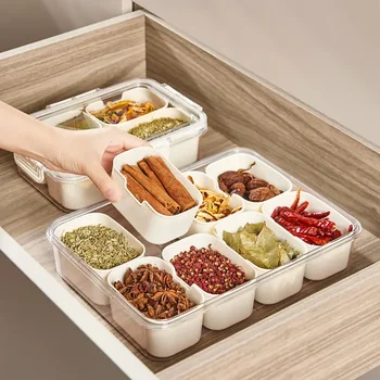 Plastic Clear Kitchen Container Divided Food Serving Tray With Lid And Handle Spices Storage Container