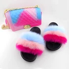 Purse Wholesale Women Plus Jelly Purse Faux Big Fox Fur Slides Slippers And Purse Sets