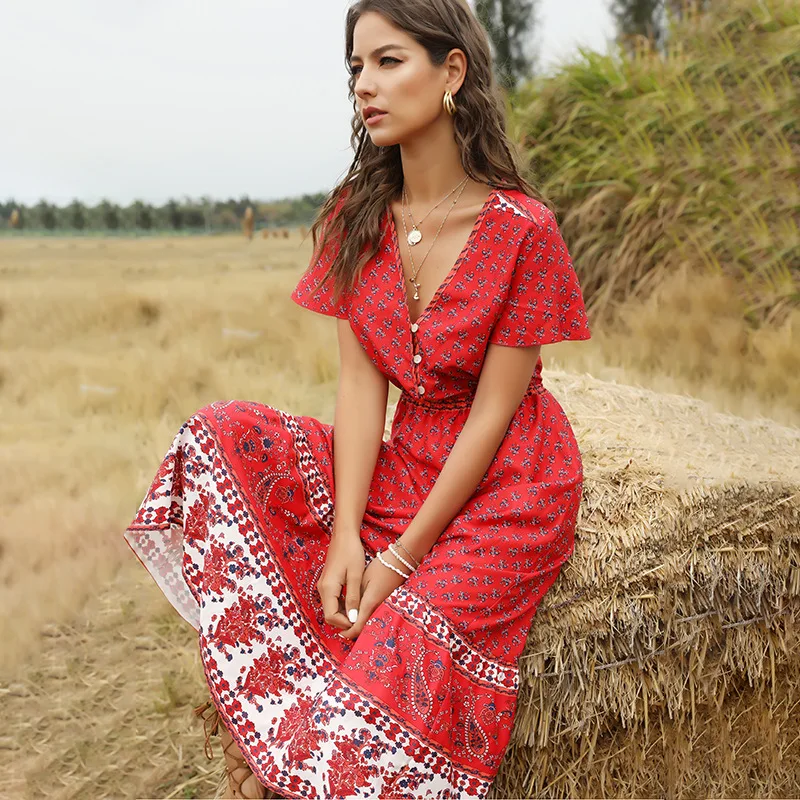 Deep V-neck Beach Dress Long Maxi Dress 