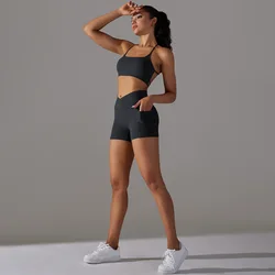 Wholesale Women Workout 2 Piece Outfits Fashion Sexy Cross Back Sport Bra Crossover High Waist Short Leggings with Pockets