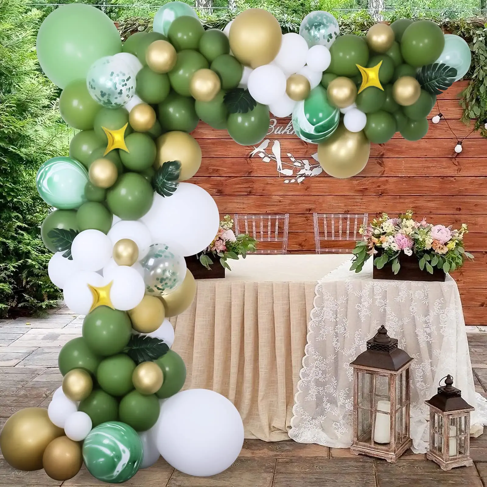 Vintage Green Balloon Chain Set Forest Stars Wedding Party Birthday Arch Latex Foil Balloon Color Balloons