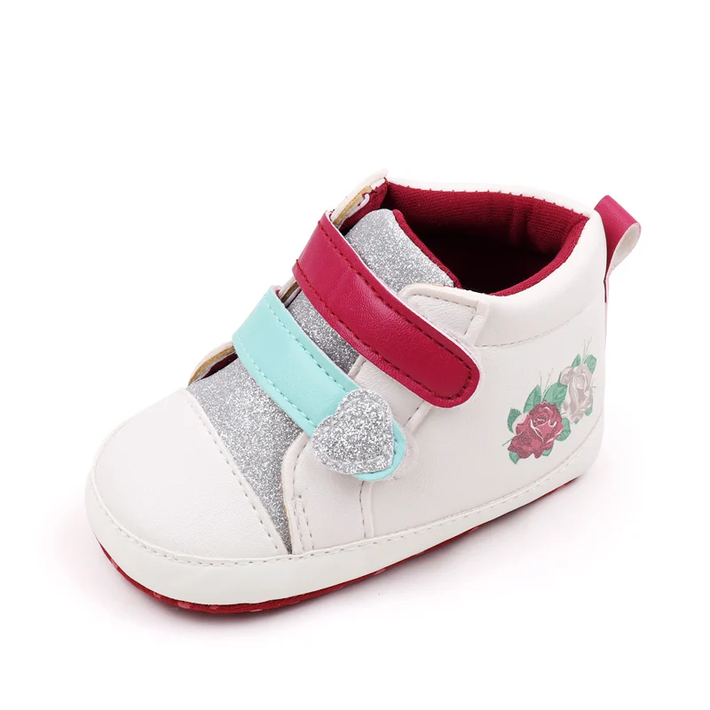 Glitter Heart Baby Girls Rose Print Pattern Different Colors Double Hook and Loop High Top Casual Shoes supplier