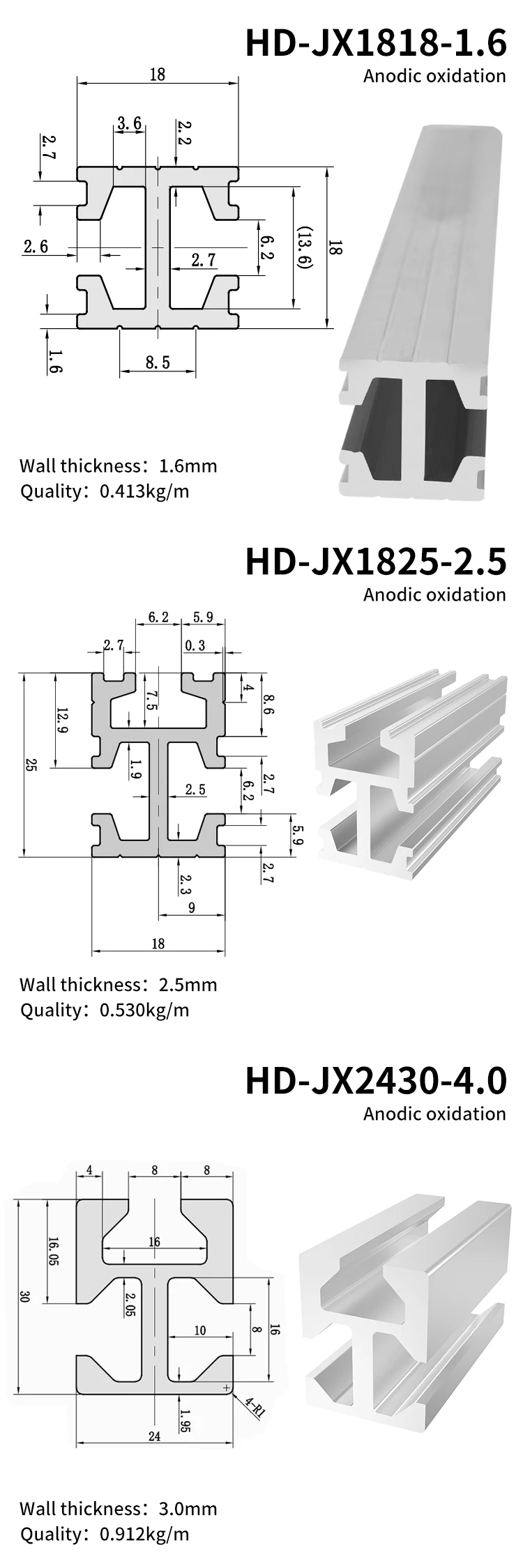 Industrial Extruded Aluminum Profiles 1818 1825 2430 Mechanical Arm Accessories Double groove Three groove Aluminum Bars manufacture