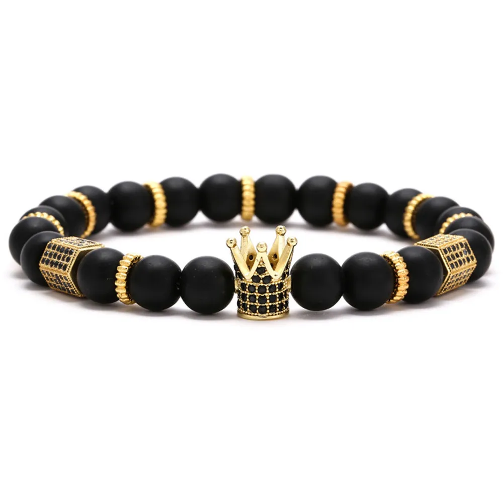 Fashion Luxury Adjustable Cz Charms Onyx Lava Agate Tiger Eye Set Beads Lava Healing Natural Stone King Crown Bracelet For Men