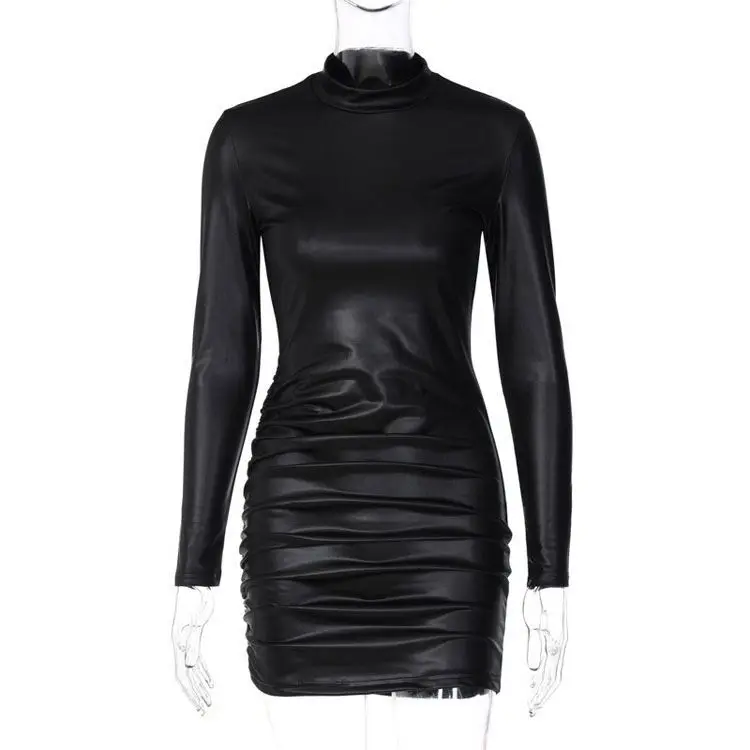 2022 Winter New Fashion Solid Leather Pleated Slim Round Neck Long Sleeve Dress