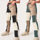 Jeans Pants THUNDER STAR Women Patchwork Straight Leg Jeans Mid Rise Stretch Frayed Denim Pants