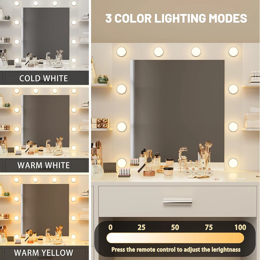 Bedroom Modern Wood Dressing Vanity Desk with Mirror LED Lights Power Outlet Makeup Table with 7 Drawers 6 Storage Shelves details