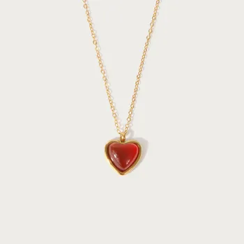 Mothers Day Gifts 2024 18k Gold Plated Stainless Steel Thin Chain Carnelian Red Agate Heart Pendant Necklace For Girlfriend