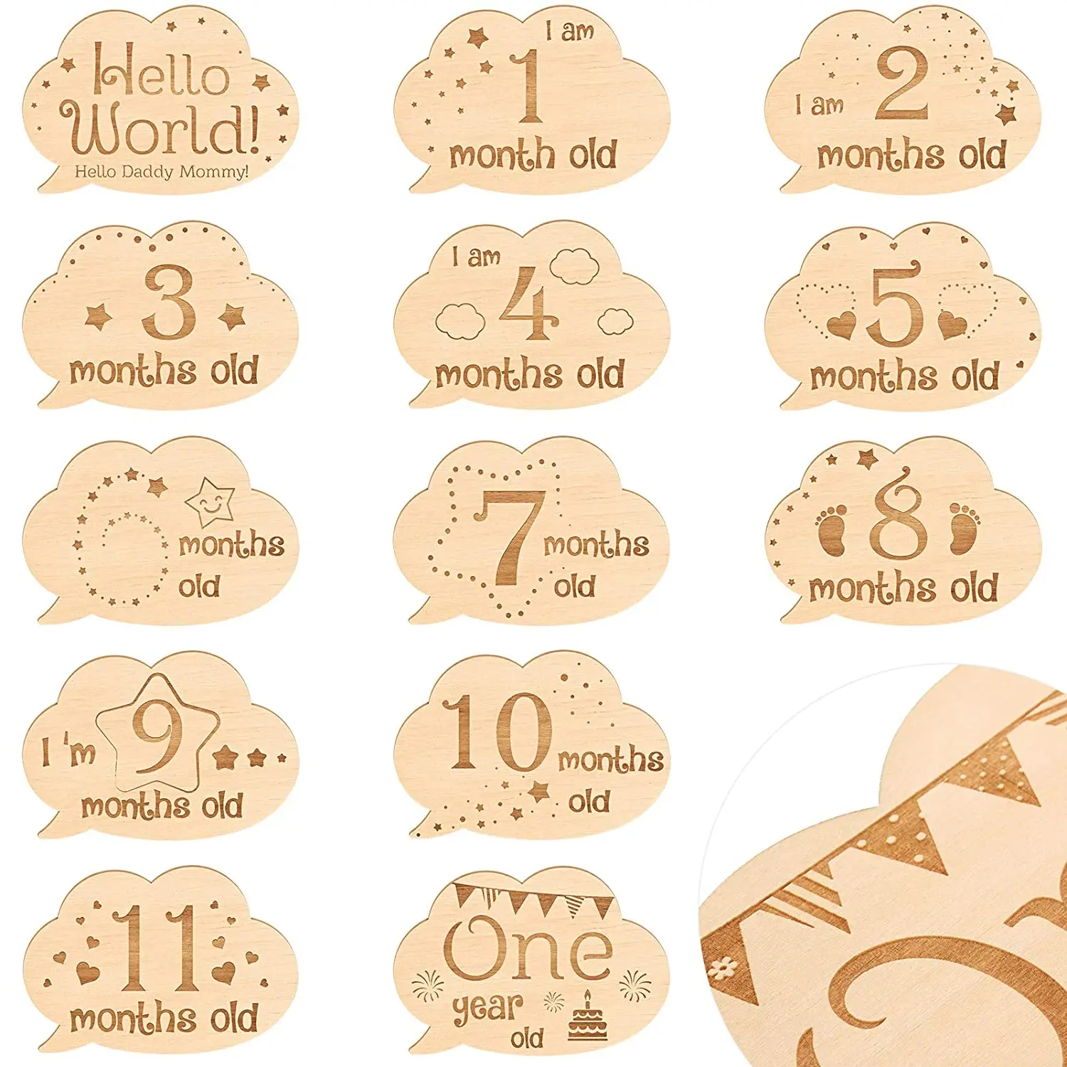 Toyvian 1Set Baby Monthly Milestone Cards Wooden Discs Double Sided Milestone Cards Newborn Photography Props 