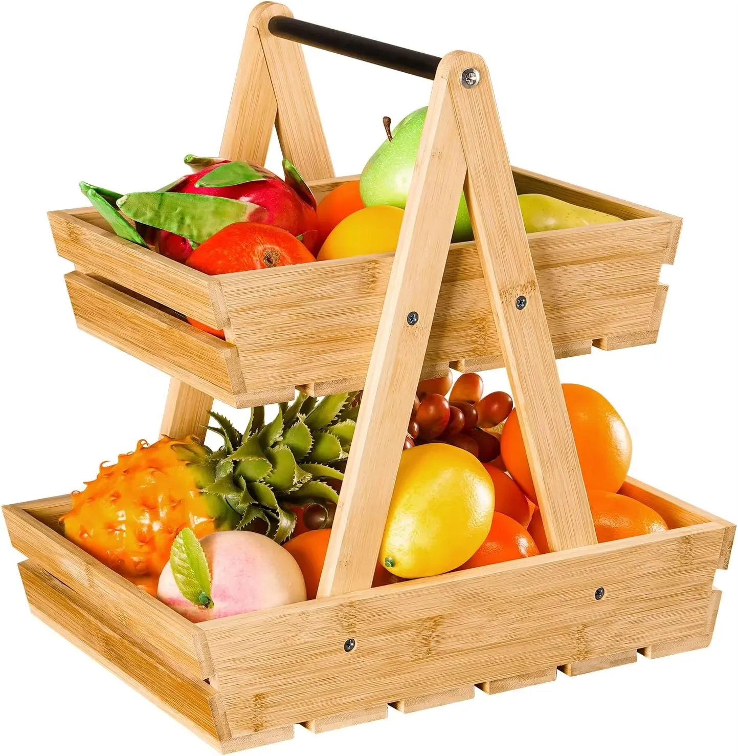 product bamboo 2 tier fruit basket with handle vegetable snack storage rack rustic farmhouse fruit bowl for kitchen counter dining table-8