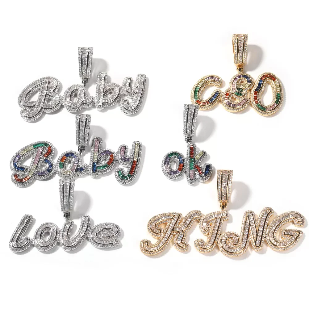 TOP ICY heart hook baguette CZ custom name necklace Brush font personalized initial necklace iced out name plate jewelry