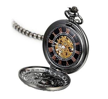 Wholesale Custom Classic Engraved Floral Pattern Roman Numerals Open Face Retro Heavy Steampunk Skeleton Mechanical Pocket Watch