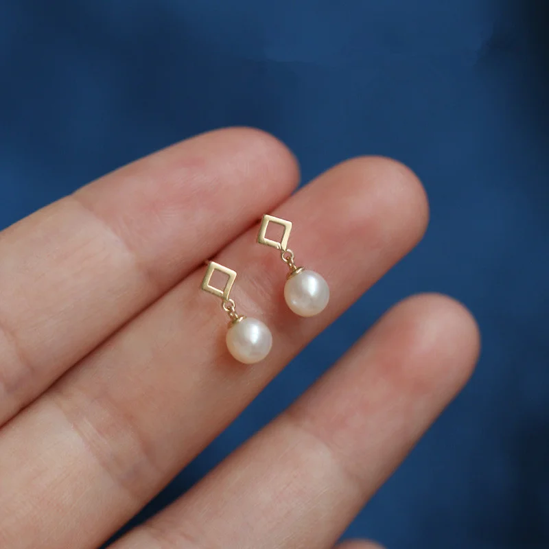 Mini  Stud Earrings Freshwater Natural Pearl Pure 9K Yellow Gold Trendy Unisex Wedding Party Quartz Gift, kj223 4