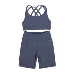 simple design girl fitness wear nylon solid colors cross strap active wear sport set kids yoga set