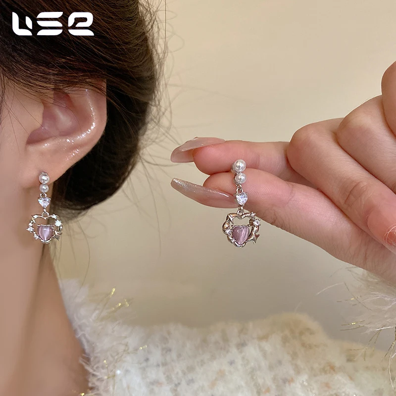S925 sterling silver simple niche retro copper opal pearl pink heart fashion jewelry earrings