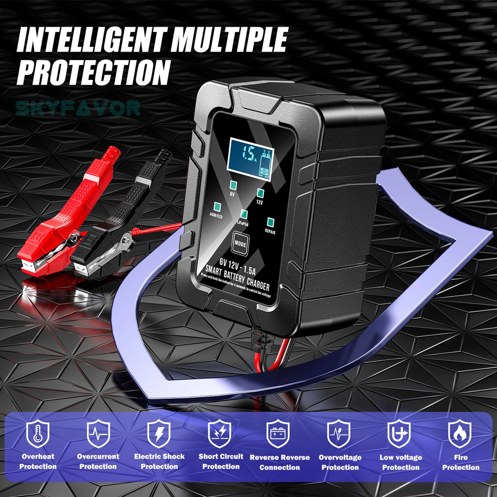 Universal smart 6V 12V battery charger 6V 12V 1.5A automatic lifepo4 lfp lead acid gel agm repair battery charger with SEA plug