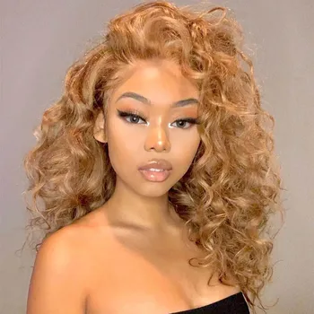 Natural hairline honey blonde color wavy Mongolian 13x4 13x6 kinky curly hair full swiss lace front wigs with baby hair