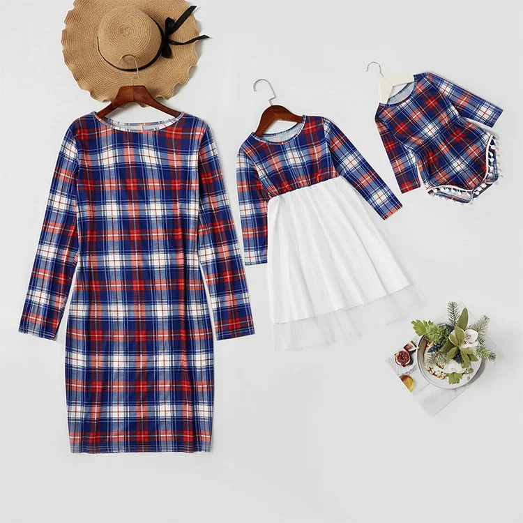 Boutique high quality family matching outfits multi-colors long sleeve mommy and me plaid dresses