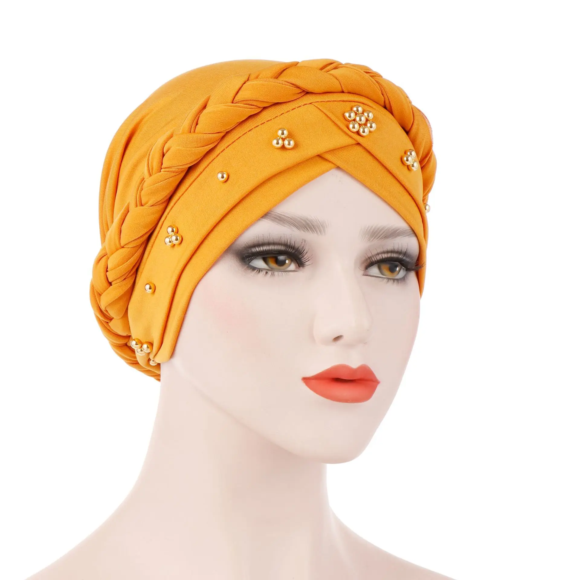 Women Beading Pearl Turban Braid Plait Hat Headband Muslim Middle East Head Wrap Bonnet Hijabs Headscarf Hat