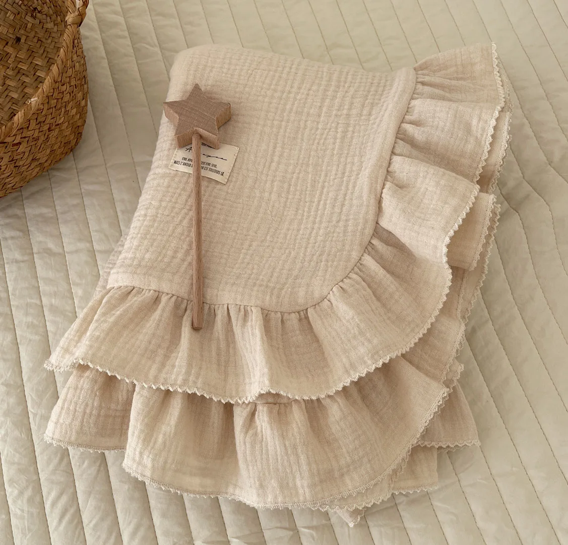 Muslin Baby Swaddle Blanket 4-Layered Cotton Muslin Baby Girls Receiving Blanket with Ruffle Edge Skin-Friendly Baby Wrap