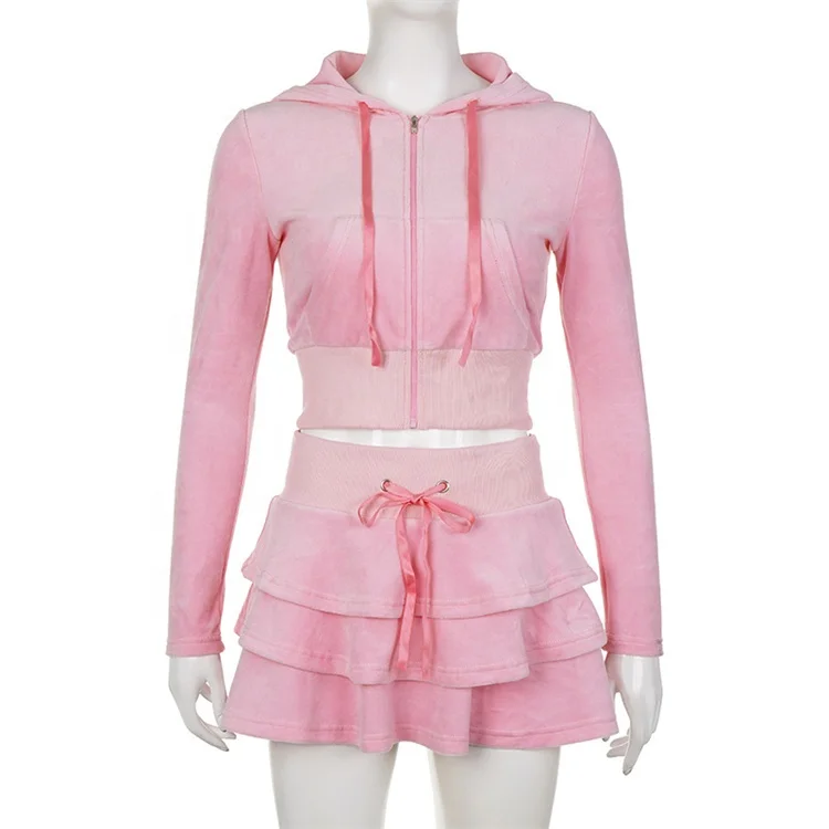 Pink Velvet Two Piece Set for Women Y2k Zip Up Long Sleeve Cropped Hoodie Kawaii Lace-up Ruffles Skirt