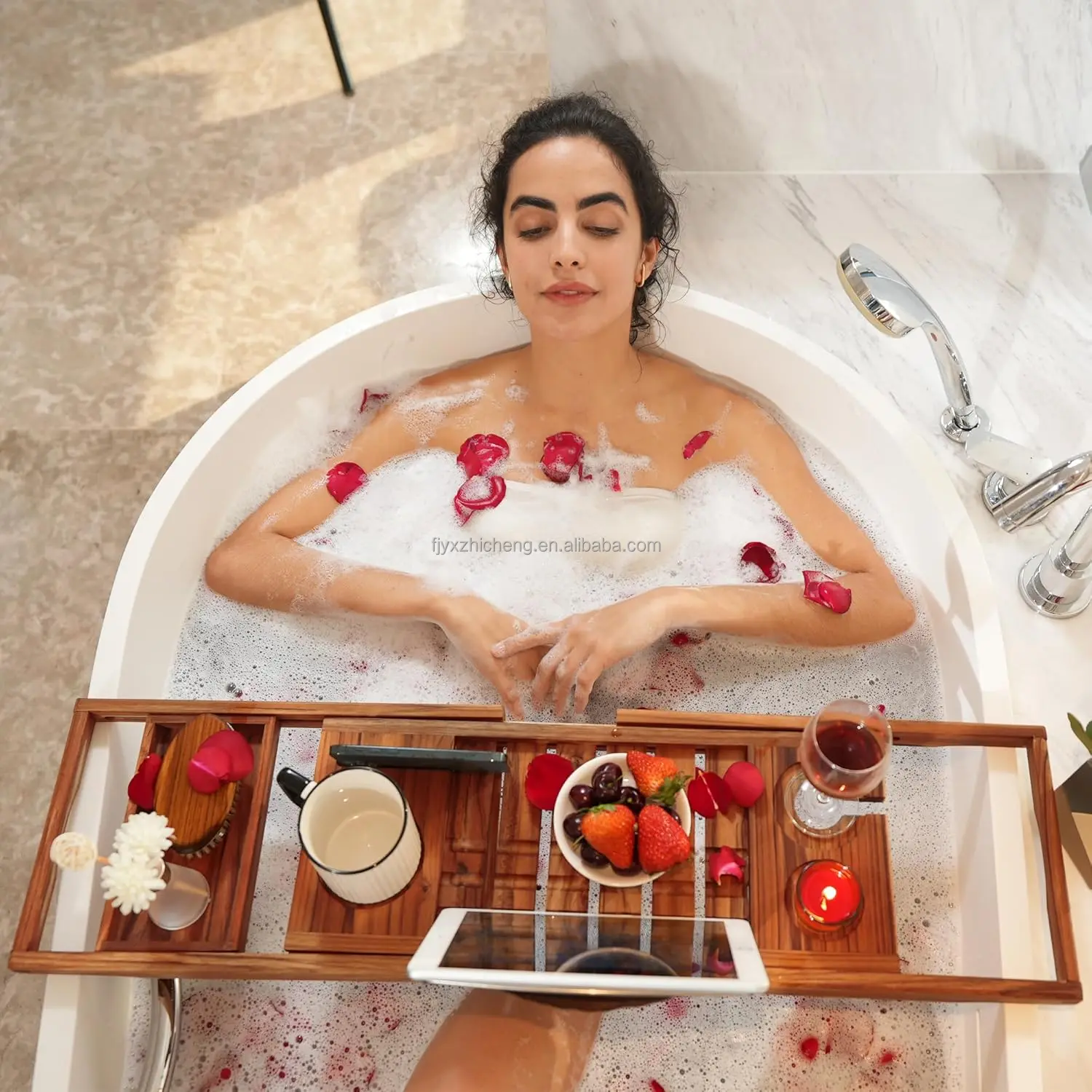 product premium teak bathtub tray expandable wooden bath tray for tub luxury bathtub bathroom accessories-4